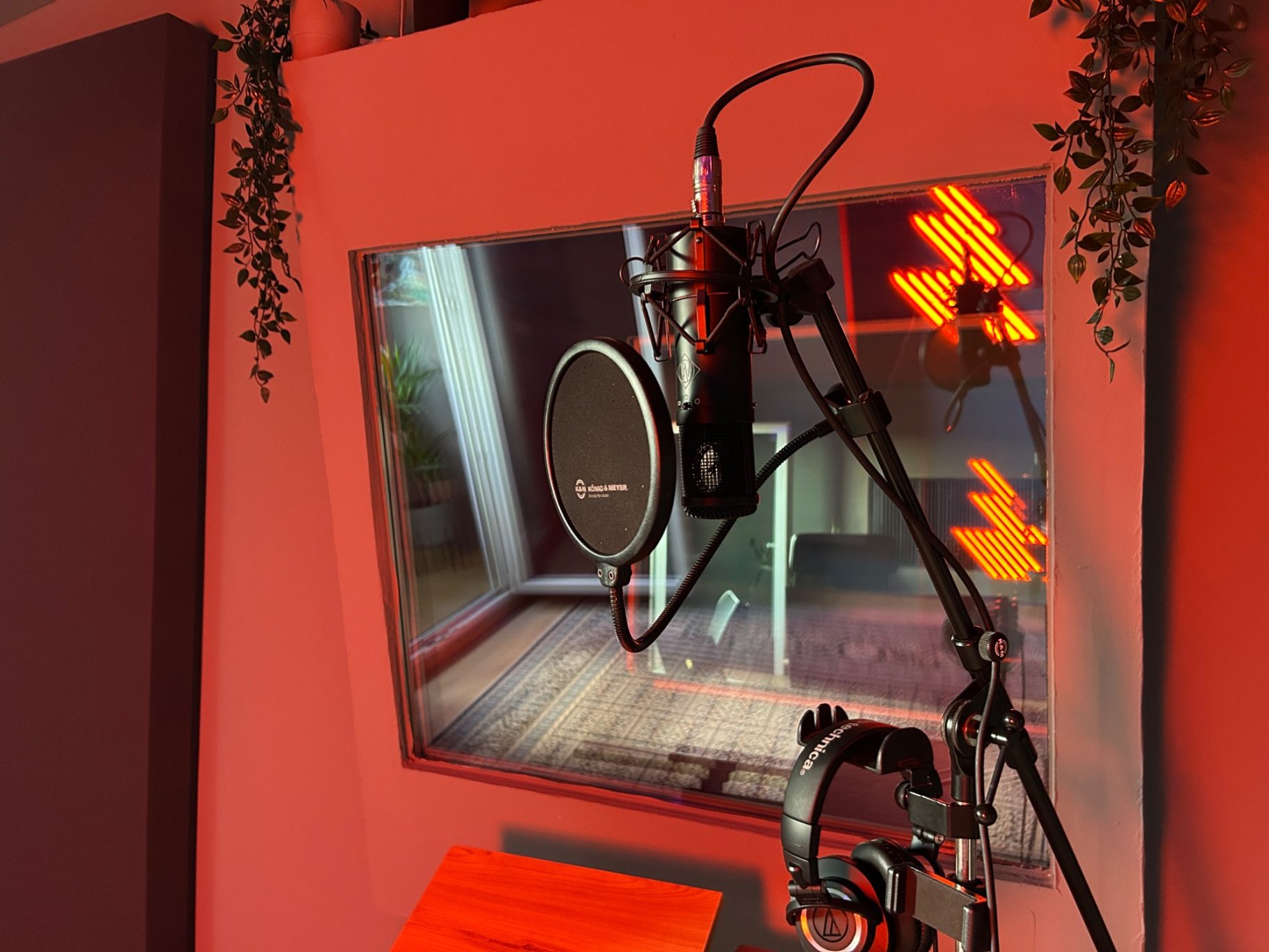 Mikrofon in einem Tonstudio mit rotem Licht und Pflanzen im Hintergrund.